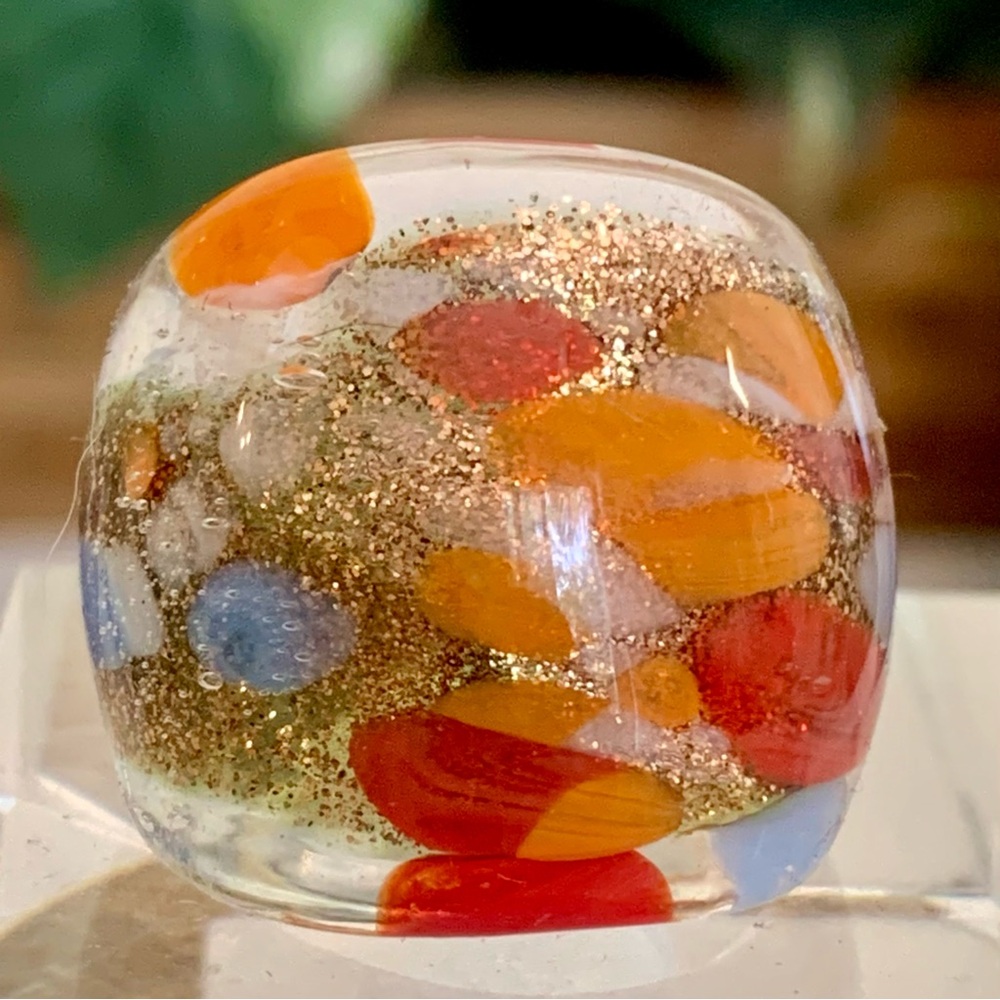 Vintage Murano Style Art Glass Hand Blown Lampwork Confetti Dome Ring Size 7